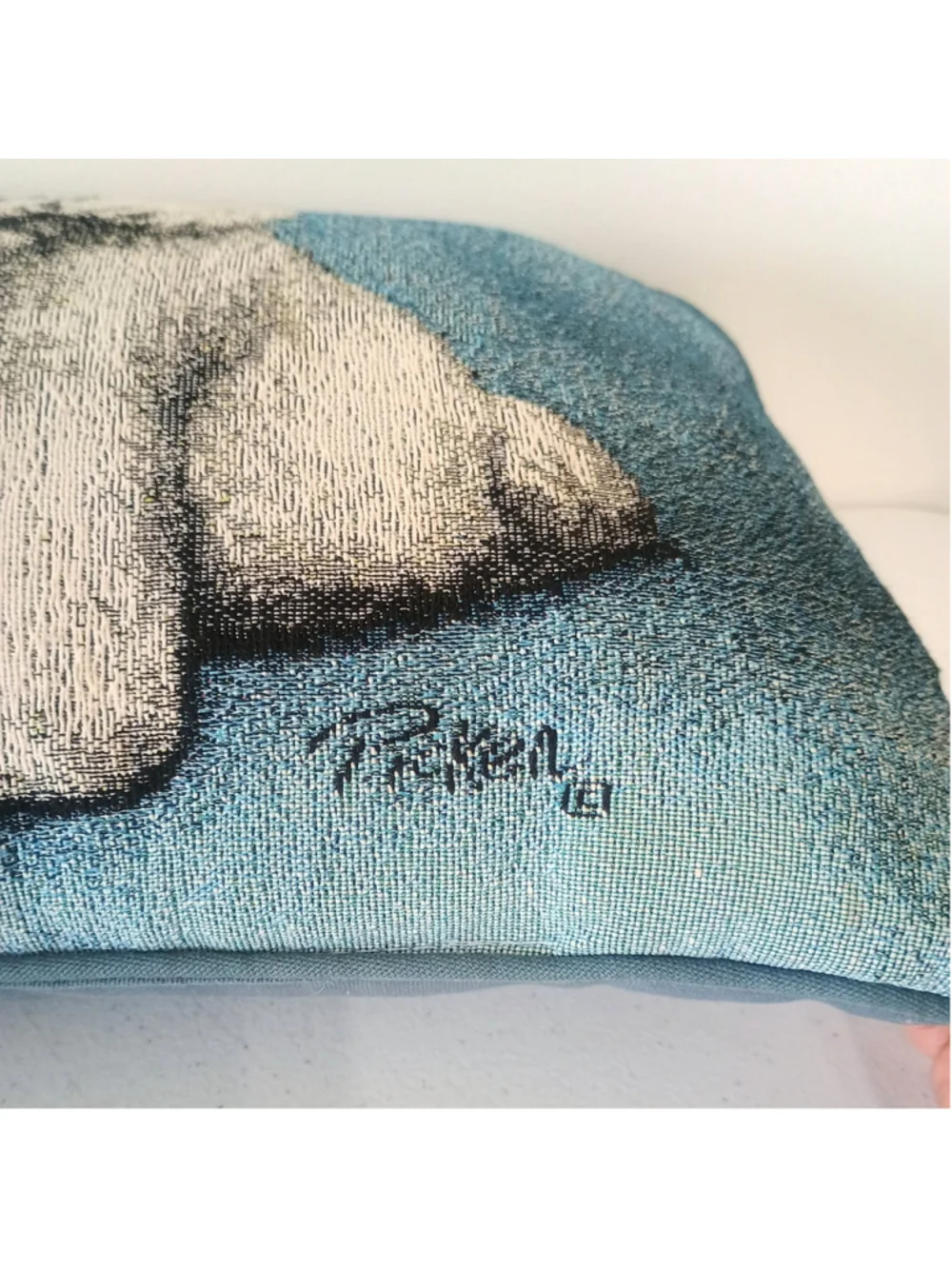 Linda Picken Bichon Frise Dog Blue Tapestry Throw Decor Pillow